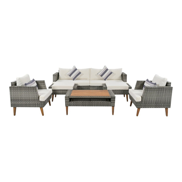 HomeRoots Four-Piece Outdoor Gray Wicker Seating Group with Cushions, Coffee Table & Versatile Comfort Options 625696