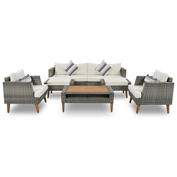 HomeRoots Four-Piece Outdoor Gray Wicker Seating Group with Cushions, Coffee Table & Versatile Comfort Options 625696