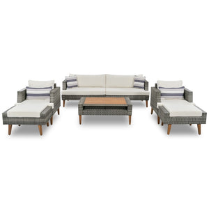 HomeRoots Four-Piece Outdoor Gray Wicker Seating Group with Cushions, Coffee Table & Versatile Comfort Options 625696