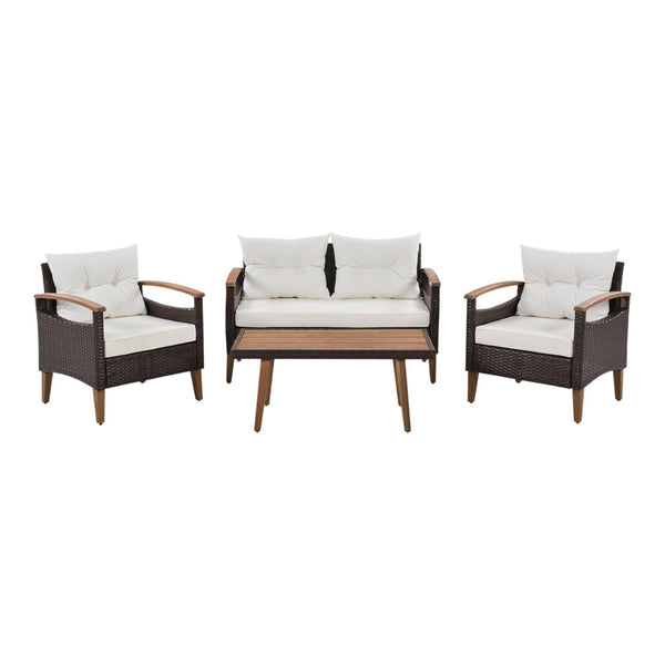 HomeRoots Three Piece Outdoor Rattan Sofa Set with Beige Cushions - Durable, Weather-Resistant Comfort & Style 625698