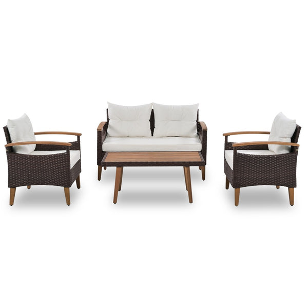 HomeRoots Three Piece Outdoor Rattan Sofa Set with Beige Cushions - Durable, Weather-Resistant Comfort & Style 625698