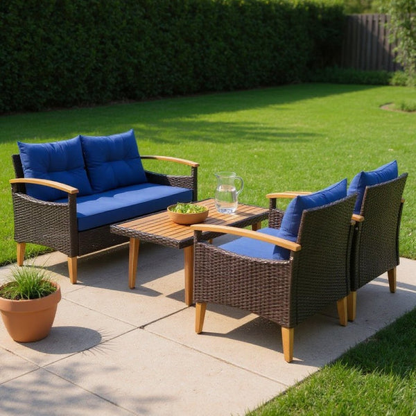 HomeRoots Three-Piece Outdoor Blue Rattan Sofa Set with Cushions & Acacia Coffee Table for Stylish Relaxation 625699