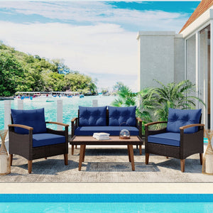 HomeRoots Three-Piece Outdoor Blue Rattan Sofa Set with Cushions & Acacia Coffee Table for Stylish Relaxation 625699