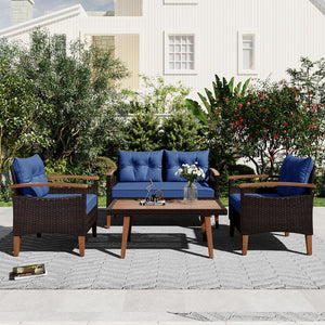 HomeRoots Three-Piece Outdoor Blue Rattan Sofa Set with Cushions & Acacia Coffee Table for Stylish Relaxation 625699