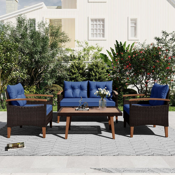 HomeRoots Three-Piece Outdoor Blue Rattan Sofa Set with Cushions & Acacia Coffee Table for Stylish Relaxation 625699