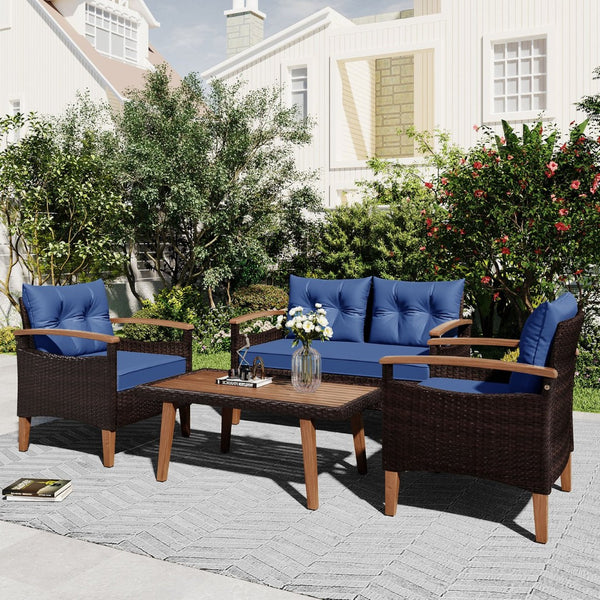 HomeRoots Three-Piece Outdoor Blue Rattan Sofa Set with Cushions & Acacia Coffee Table for Stylish Relaxation 625699