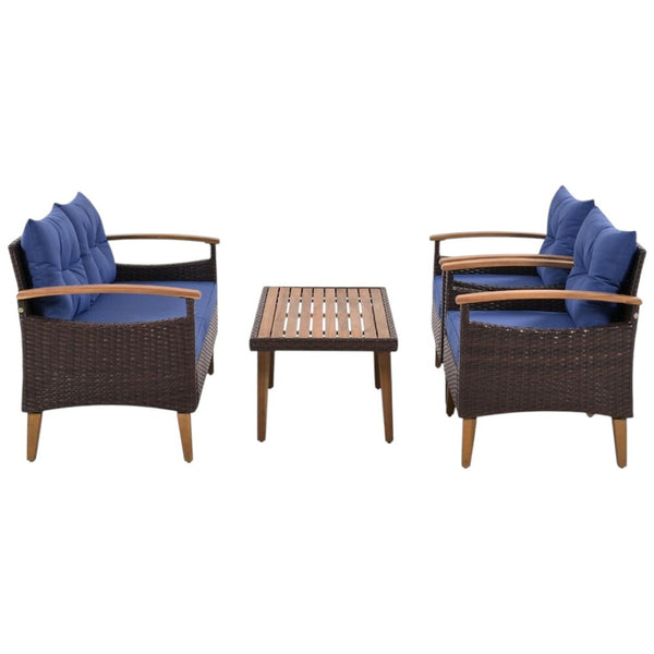 HomeRoots Three-Piece Outdoor Blue Rattan Sofa Set with Cushions & Acacia Coffee Table for Stylish Relaxation 625699