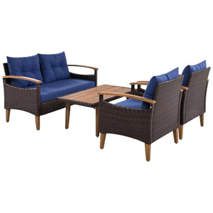 HomeRoots Three-Piece Outdoor Blue Rattan Sofa Set with Cushions & Acacia Coffee Table for Stylish Relaxation 625699