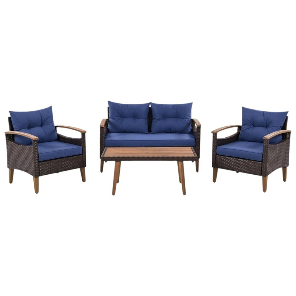 HomeRoots Three-Piece Outdoor Blue Rattan Sofa Set with Cushions & Acacia Coffee Table for Stylish Relaxation 625699