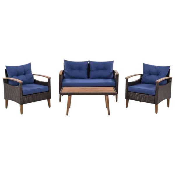 HomeRoots Three-Piece Outdoor Blue Rattan Sofa Set with Cushions & Acacia Coffee Table for Stylish Relaxation 625699