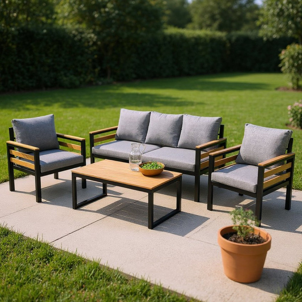 HomeRoots Three Piece Outdoor Sofa Set with Gray Cushions - Durable Metal Frame, Water-Repellent & Stylish 625703