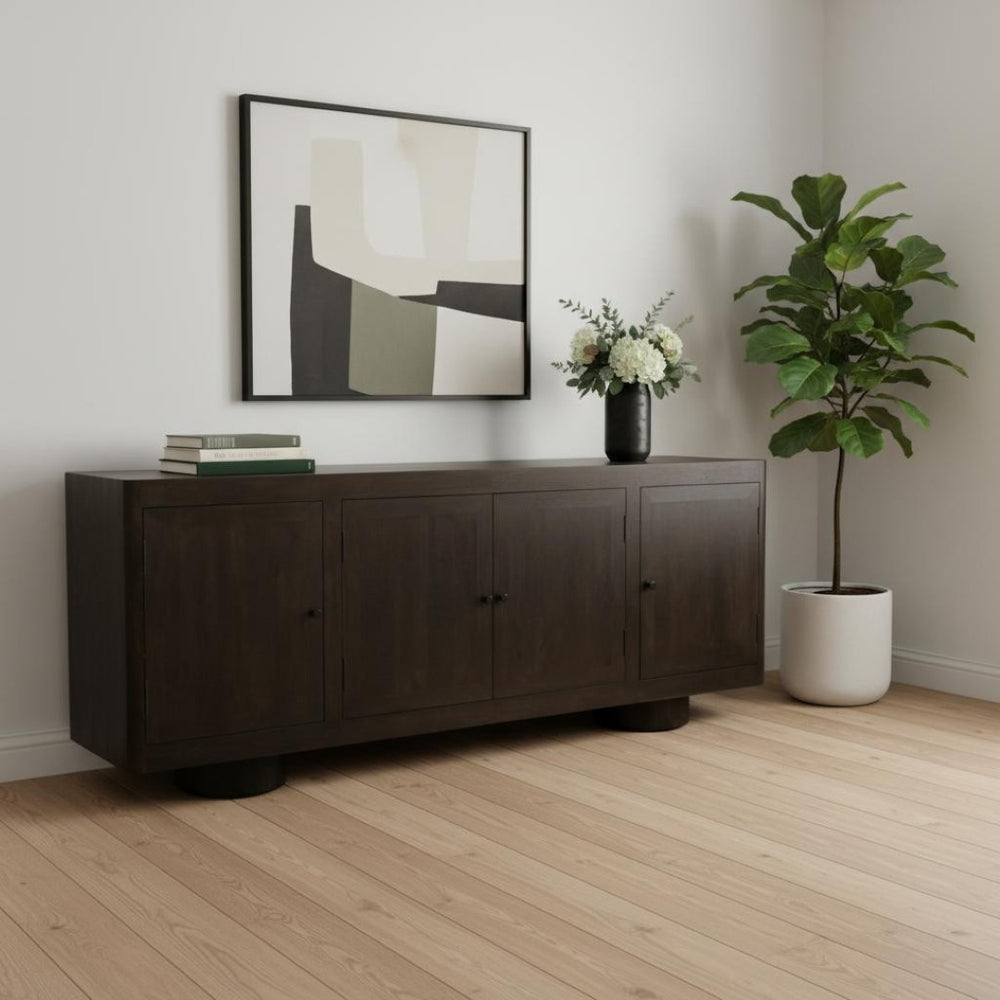 HomeRoots 80" Dark Brown Distressed Solid Wood Sideboard - Stylish Storage Cabinet with Four Doors & Minimalist Design 625706