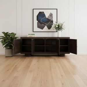 HomeRoots 80" Dark Brown Distressed Solid Wood Sideboard - Stylish Storage Cabinet with Four Doors & Minimalist Design 625706