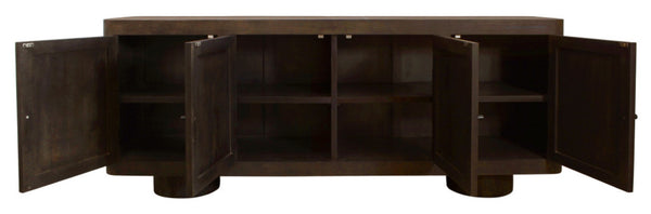 HomeRoots 80" Dark Brown Distressed Solid Wood Sideboard - Stylish Storage Cabinet with Four Doors & Minimalist Design 625706
