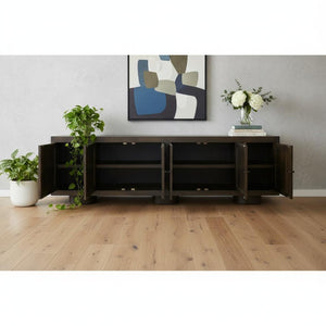 HomeRoots 108" Dark Brown Distressed Solid Wood Sideboard with Soft Close Doors - Versatile Storage Solution! 625707