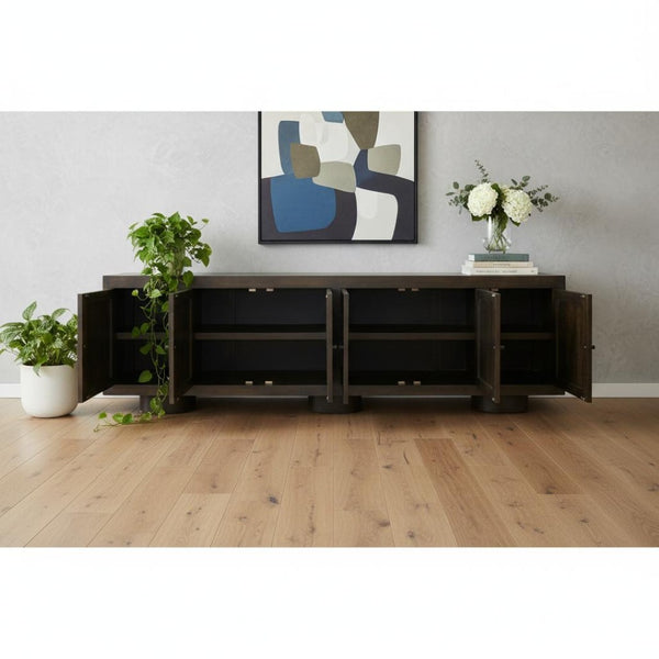 HomeRoots 108" Dark Brown Distressed Solid Wood Sideboard with Soft Close Doors - Versatile Storage Solution! 625707