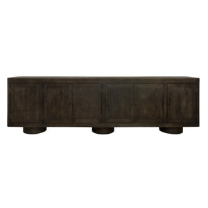HomeRoots 108" Dark Brown Distressed Solid Wood Sideboard with Soft Close Doors - Versatile Storage Solution! 625707