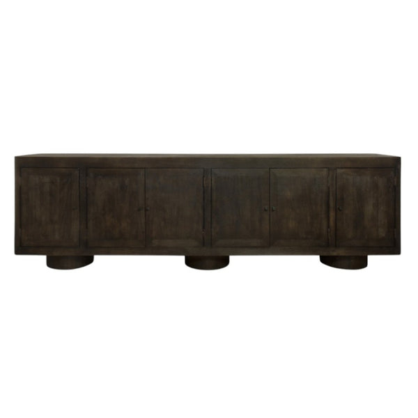HomeRoots 108" Dark Brown Distressed Solid Wood Sideboard with Soft Close Doors - Versatile Storage Solution! 625707