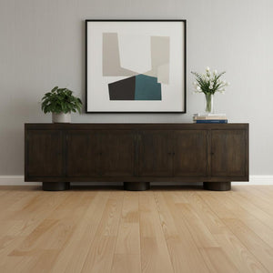 HomeRoots 108" Dark Brown Distressed Solid Wood Sideboard with Soft Close Doors - Versatile Storage Solution! 625707