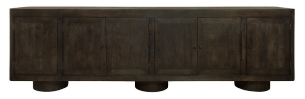 HomeRoots 108" Dark Brown Distressed Solid Wood Sideboard with Soft Close Doors - Versatile Storage Solution! 625707