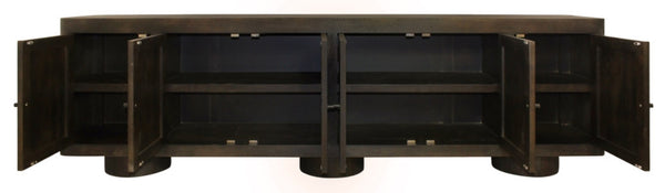 HomeRoots 108" Dark Brown Distressed Solid Wood Sideboard with Soft Close Doors - Versatile Storage Solution! 625707