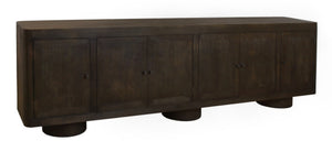 HomeRoots 108" Dark Brown Distressed Solid Wood Sideboard with Soft Close Doors - Versatile Storage Solution! 625707