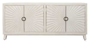 HomeRoots 76" Ivory Distressed Solid Wood Sideboard with Geometric Carved Doors & Ample Storage for Any Room 625710