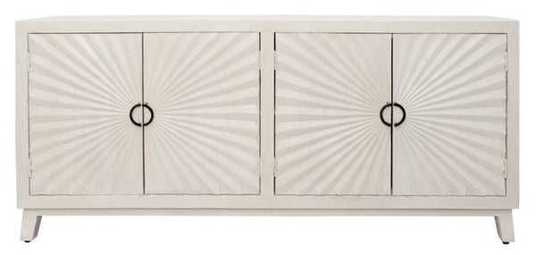 HomeRoots 76" Ivory Distressed Solid Wood Sideboard with Geometric Carved Doors & Ample Storage for Any Room 625710