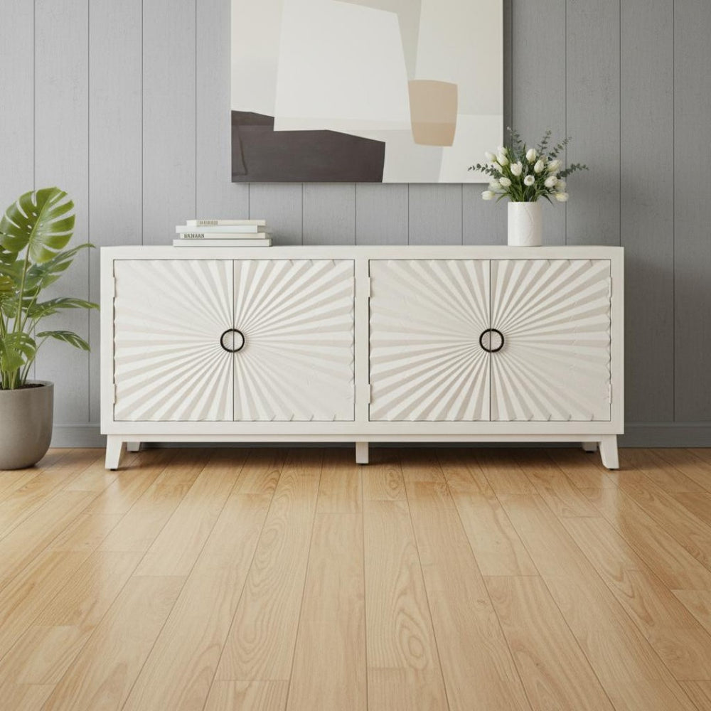 HomeRoots 76" Ivory Distressed Solid Wood Sideboard with Geometric Carved Doors & Ample Storage for Any Room 625710