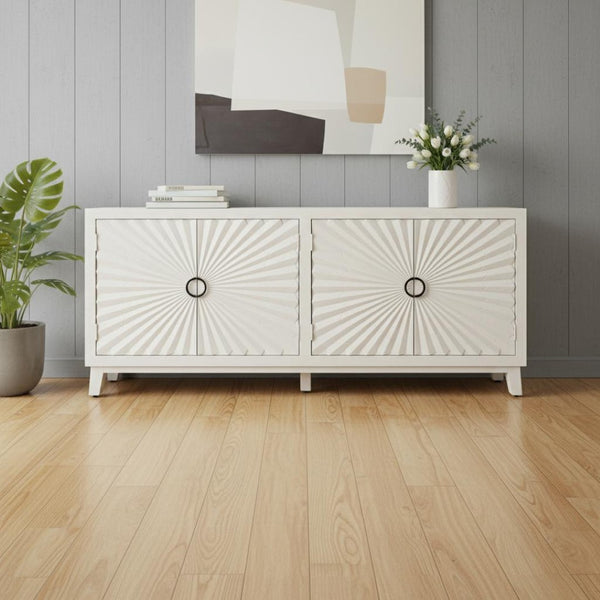 HomeRoots 76" Ivory Distressed Solid Wood Sideboard with Geometric Carved Doors & Ample Storage for Any Room 625710
