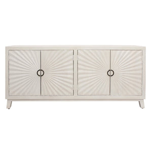 HomeRoots 76" Ivory Distressed Solid Wood Sideboard with Geometric Carved Doors & Ample Storage for Any Room 625710