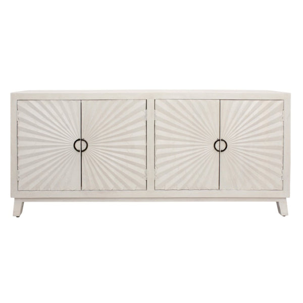 HomeRoots 76" Ivory Distressed Solid Wood Sideboard with Geometric Carved Doors & Ample Storage for Any Room 625710
