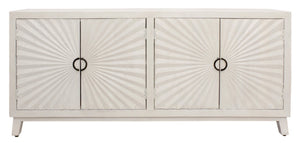 HomeRoots 76" Ivory Distressed Solid Wood Sideboard with Geometric Carved Doors & Ample Storage for Any Room 625710
