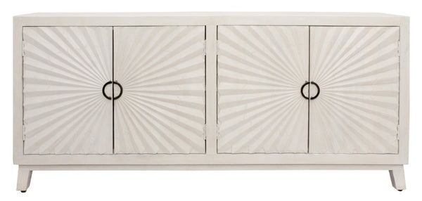 HomeRoots 76" Ivory Distressed Solid Wood Sideboard with Geometric Carved Doors & Ample Storage for Any Room 625710