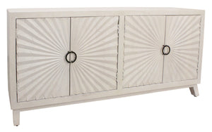 HomeRoots 76" Ivory Distressed Solid Wood Sideboard with Geometric Carved Doors & Ample Storage for Any Room 625710