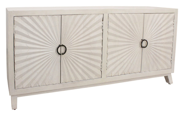 HomeRoots 76" Ivory Distressed Solid Wood Sideboard with Geometric Carved Doors & Ample Storage for Any Room 625710