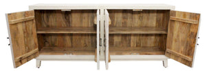 HomeRoots 76" Ivory Distressed Solid Wood Sideboard with Geometric Carved Doors & Ample Storage for Any Room 625710
