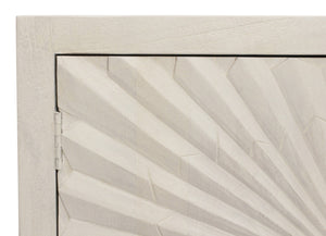 HomeRoots 76" Ivory Distressed Solid Wood Sideboard with Geometric Carved Doors & Ample Storage for Any Room 625710