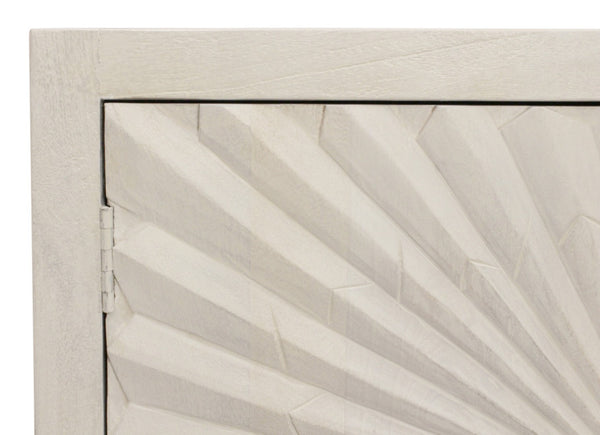 HomeRoots 76" Ivory Distressed Solid Wood Sideboard with Geometric Carved Doors & Ample Storage for Any Room 625710