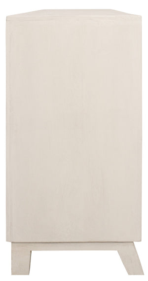 HomeRoots 76" Ivory Distressed Solid Wood Sideboard with Geometric Carved Doors & Ample Storage for Any Room 625710