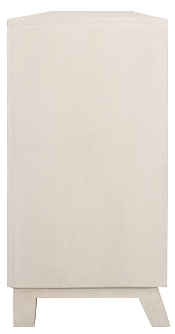 HomeRoots 76" Ivory Distressed Solid Wood Sideboard with Geometric Carved Doors & Ample Storage for Any Room 625710