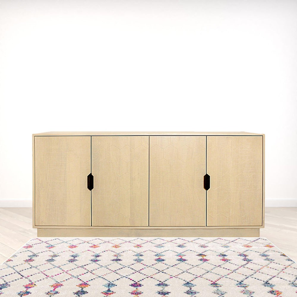 HomeRoots 72" Natural Distressed Solid Wood Sideboard with Geometric Carvings & Versatile Storage Solutions 625711