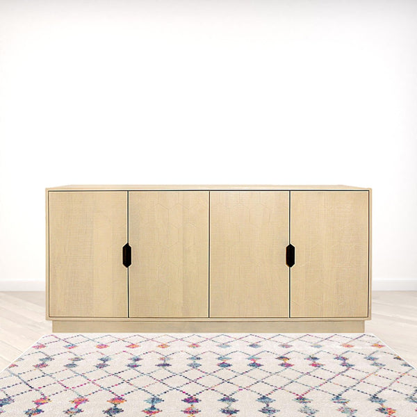 HomeRoots 72" Natural Distressed Solid Wood Sideboard with Geometric Carvings & Versatile Storage Solutions 625711