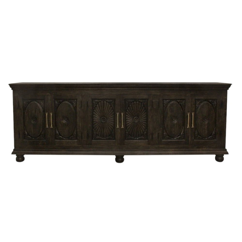 HomeRoots 103" Black Distressed Solid Wood Sideboard with Floral Carvings - Elegant Storage for Any Space 625712