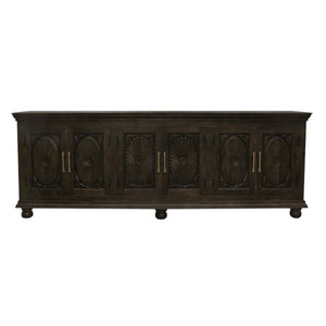 HomeRoots 103" Black Distressed Solid Wood Sideboard with Floral Carvings - Elegant Storage for Any Space 625712