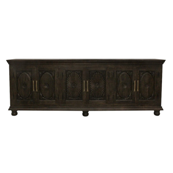 HomeRoots 103" Black Distressed Solid Wood Sideboard with Floral Carvings - Elegant Storage for Any Space 625712