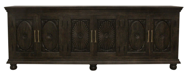 HomeRoots 103" Black Distressed Solid Wood Sideboard with Floral Carvings - Elegant Storage for Any Space 625712