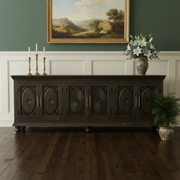 HomeRoots 103" Black Distressed Solid Wood Sideboard with Floral Carvings - Elegant Storage for Any Space 625712