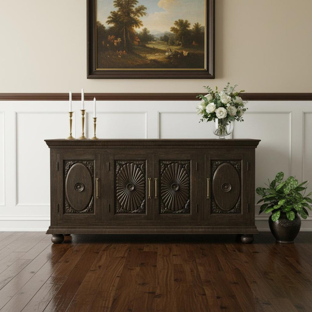 HomeRoots 73" Black Distressed Solid Wood Floral Carved Sideboard - Vintage Storage with 4 Doors & Elegance 625713
