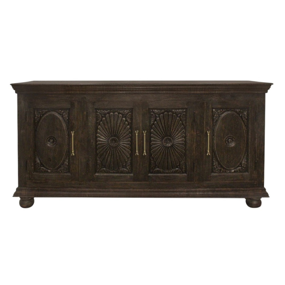 HomeRoots 73" Black Distressed Solid Wood Floral Carved Sideboard - Vintage Storage with 4 Doors & Elegance 625713